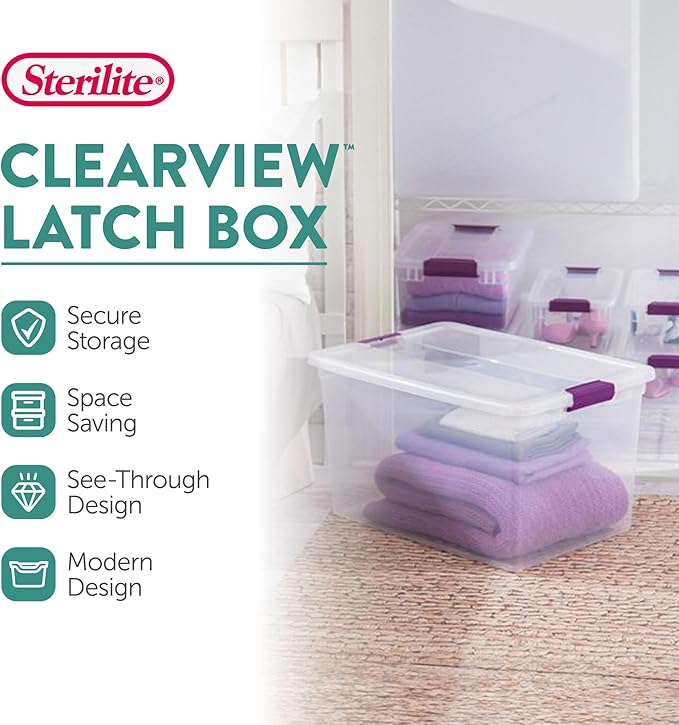 Sterilite 66 Qt ClearView Latch Storage Box, Stackable Bin with Latching Lid, Organize Clothes, Blankets, Items in Closet, Cl