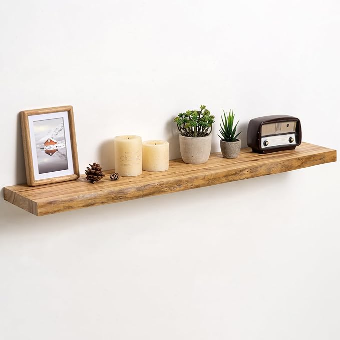 Fun Memories Floating Shelves for Wall Decor Set of 1-40 Inch Solid Elm Wood Live Edge - Rustic Natural Wall Shelves with Inv