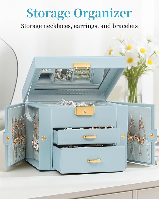 TORIBIO Jewelry Box for Women, Leather Jewelry Organizer with Mirror & Lock, 3-Tier Jewelry Storage Organizer with 2 Drawers 