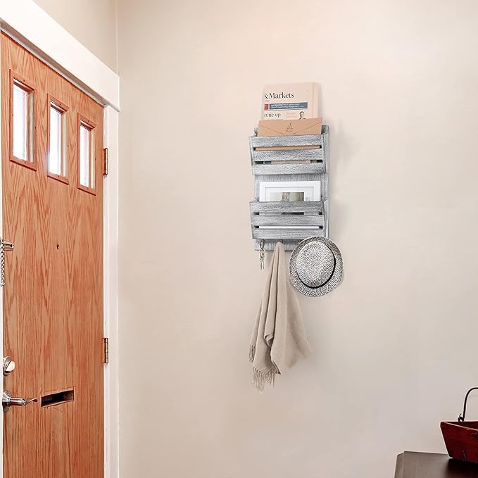 BTY Mail Sorter Wall Mounted, Wooden Mail Holder with 4 Key Hooks, 2 Slot Letter Bills Newspaper Magazine Organizer for Entry