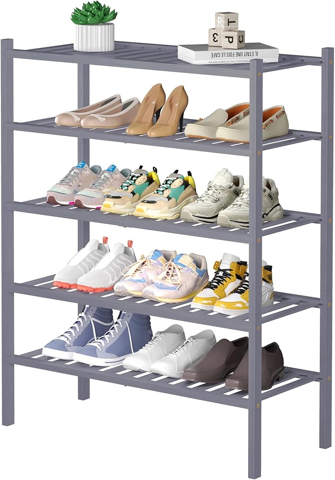 ROMGUAR CRAFT 5 Tier Bamboo Shoe Rack for Closet Free Standing Wood Shoe Shelf for Entryway Small Space Stackable 27"x11"x33"