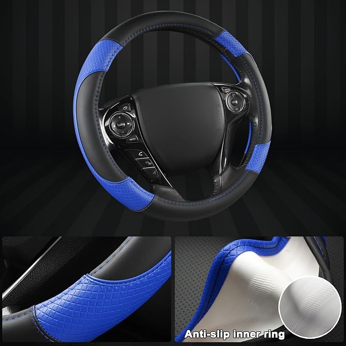 GIANT PANDA Microfiber Leather Steering Wheel Cover for Honda Accord,Civic,CR-V,HR-V,Pilot(Diamond-Pattern-Black+Blue-Standar