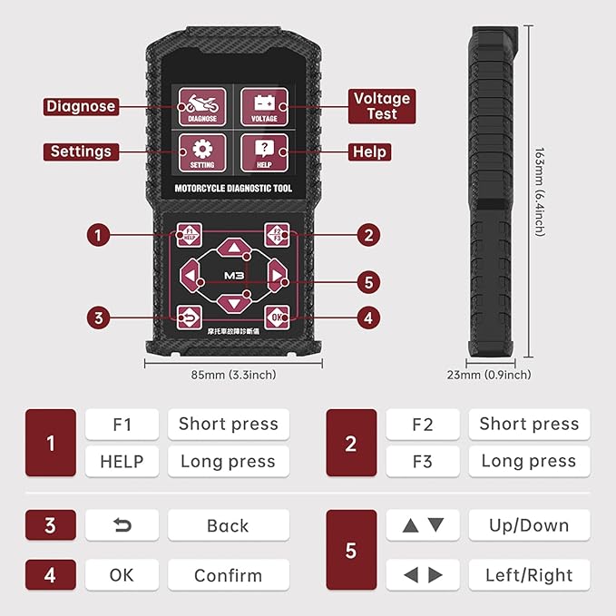 M3-A Universal OBD2 Motorcycle Diagnostic Scanner Code Reader - Battery Voltage Test, Live Data, Actuation Test for