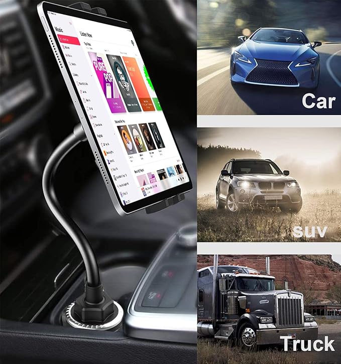 Gooseneck Car Cup Holder Tablet Mount, Truck Tablet Holder Cupholder Mount [Flexible Stable Long Arm] for 4-12.9" Tablets & Phones, iPad Pro/Air/Mini, Galaxy Tab, Fire HD, iPhone Series