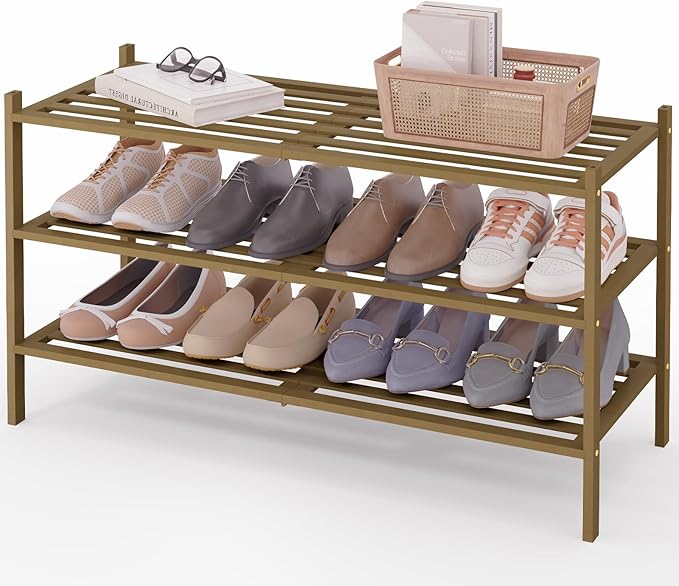 Smiry Long Bamboo Shoe Rack 3-Tier, Stackable Wooden Shoe Organizer for Entryway & Closet, Free Standing Wood Shoe Storage Sh