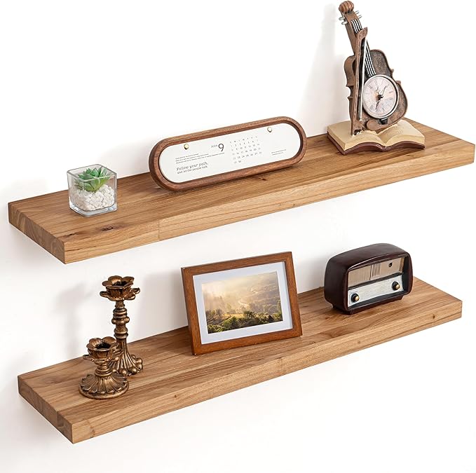Floating Shelves for Wall Decor, 8" Deep Rustic Solid Elm Wood Floating Shelves Wall Mounted, Wall Shelves with Invisible Bra