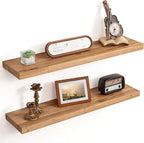 Floating Shelves for Wall Decor, 8" Deep Rustic Solid Elm Wood Floating Shelves Wall Mounted, Wall Shelves with Invisible Bra