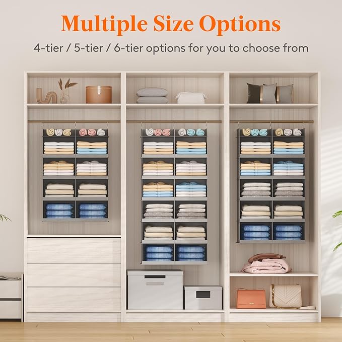 Lifewit Dual-Row Shelf Hanging Closet Organizer and Storage, Clothes Shelves with 3 Sturdy Hooks for Clothing Organization, F