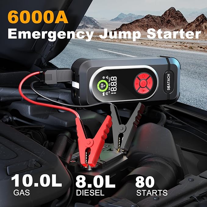 6000A Jump Starter with Air Compressor, Car Battery Jump Starter Portable (10.0 Gas/10.0L Diesel), 150 PSI 12V Car Battery