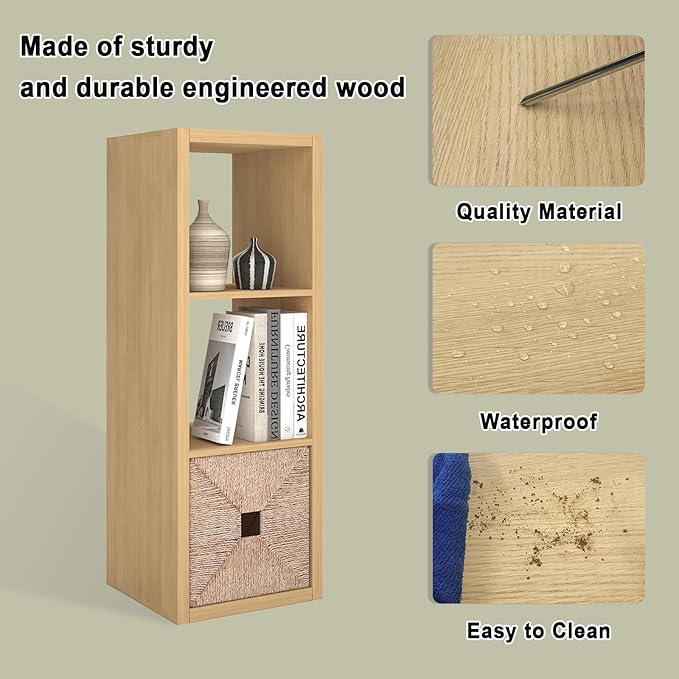 CTESNE【2026 Wooden Thick Frame 3 Cube Storage Organizer Shelf with Anti-Tipping Kits + Reversible Open Back Bookcase, Horizon