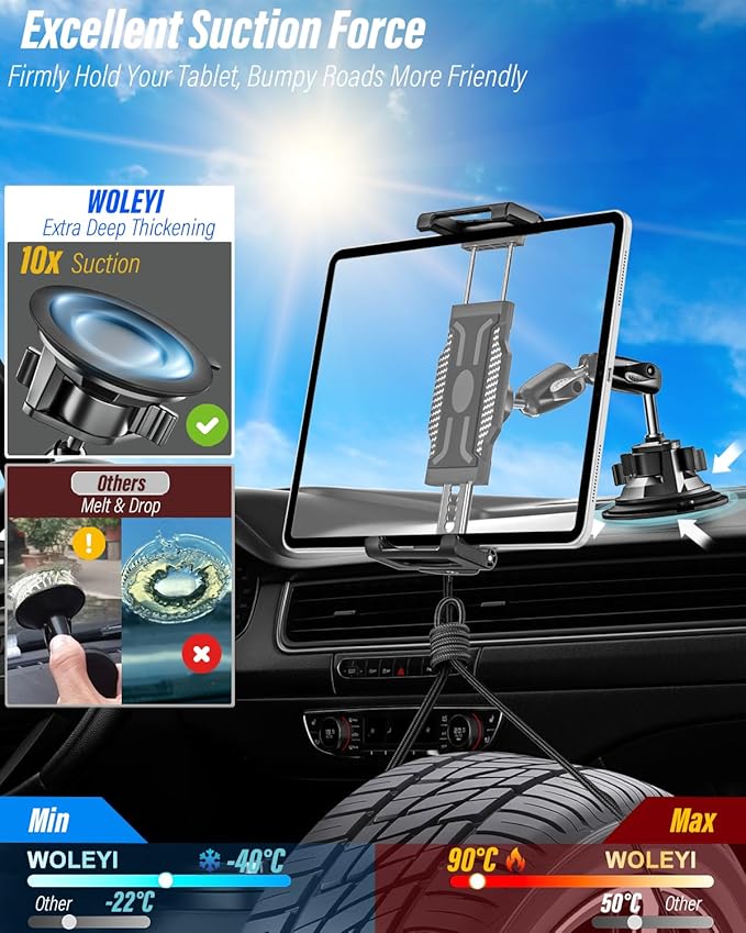 woleyi Tablet Holder for Car Truck Heavy Duty Suction Cup [Large Clamp] [Thick Case Friendly] Tablet Mount for Windshield, Dashboard, Window, for iPad Pro Air Mini, iPhone, Galaxy Tab, 6-15.6 Devices