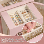 Emfogo Jewelry Boxes for Women, 5-Layer Large Leather Jewelry Organizer Box with Mirror and Drawers, Jewelry Storage for Neck