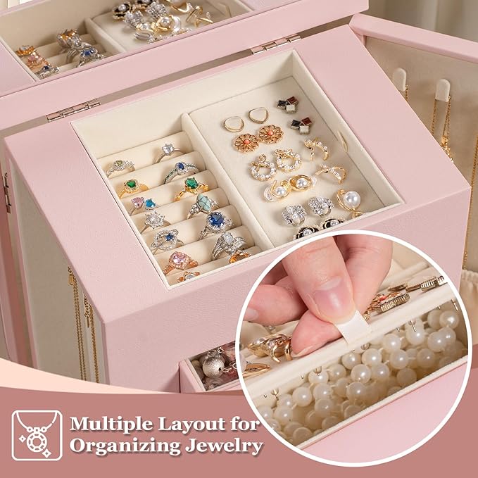 Emfogo Jewelry Boxes for Women, 5-Layer Large Leather Jewelry Organizer Box with Mirror and Drawers, Jewelry Storage for Neck
