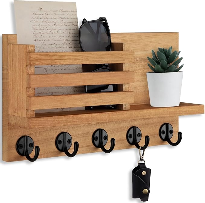 Lwenki Key Holder for Wall – Decorative Wooden Mail Holder and Key Shelf with Mounting Hardware, Installation Guide – Paulown