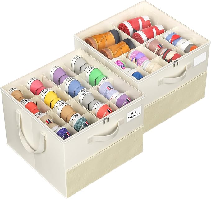 NestOrganix 2 Pack Shoe Organizer for Closet, Large Shoe Box Storage Containers, Foldable Shoe Storage Organizer Box Bin with