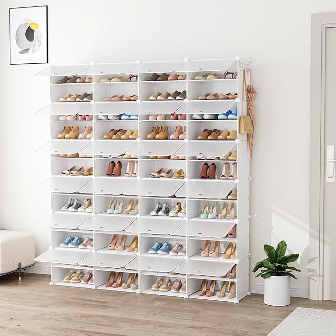 Shoe Rack Organizer 12 Tier Shoe Storage Cabinet with Door 96 Pair Tall Shoes Rack Expandable Free Standing Sturdy Plastic Ea