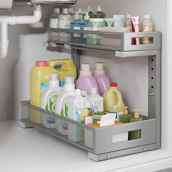 1 Pack 17IN Depth Under Sink Storage Organizer, Large 2-Tier Elegant Mesh Pull Out Shelf for Kitchen and Bathroom Cabinet Org