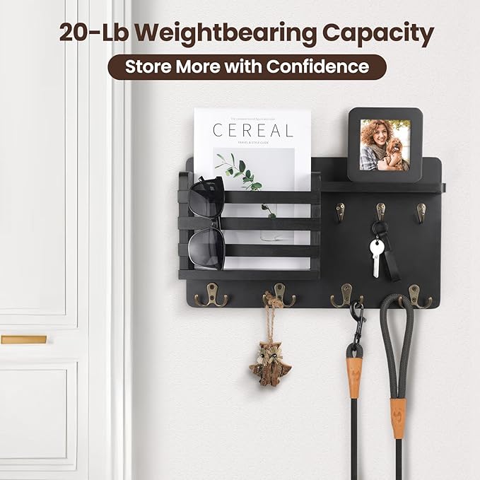 Nekon Mail Holder for Wall Mail Organizer with Key Hooks Hallway Farmhouse Decor Storage Racks with Floating Shelf and Flush 