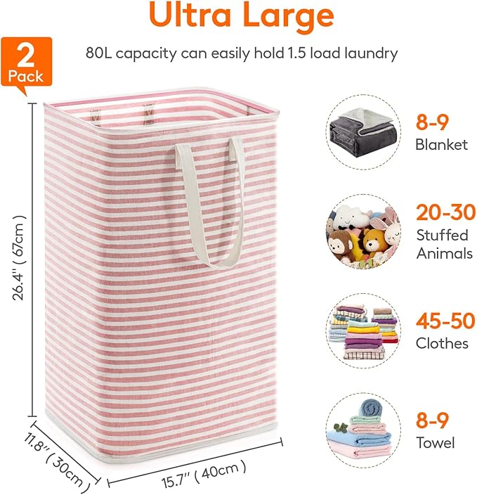 Lifewit 2 Pack Laundry Basket 80L Each, Collapsible Clothes Hamper with Reinforced Handles, Freestanding Waterproof Design fo
