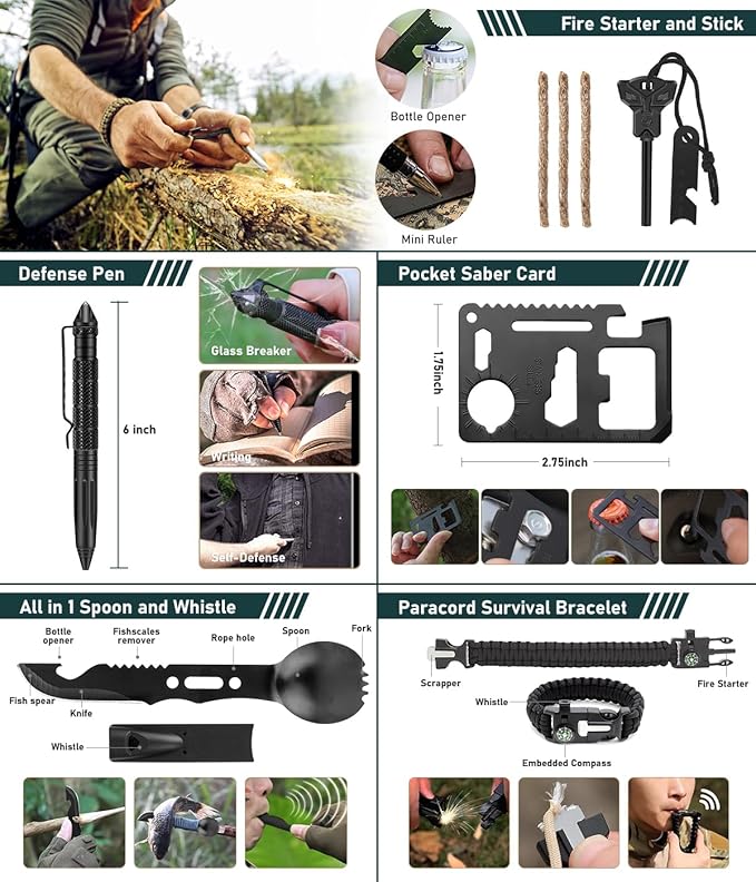 Survival Kit, 262Pcs Survival Gear and Supplies with First Aid Kit Pouch and Crossbody Bag, Emergency Kit with Tent, Camping 