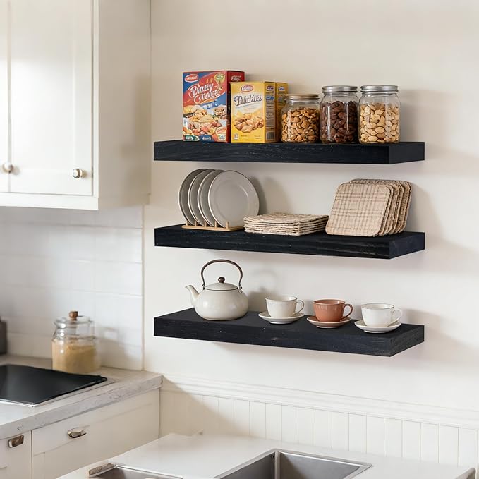 Floating Wall Shelves 24x6.8x1.7 Inch – Solid Wood Rustic Shelves in Black Finish – Wall Mounted Display Shelf for Bathroom, 