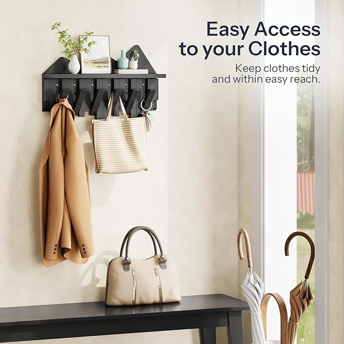 HOOBRO Wall Hooks with Shelf, Coat Rack with Shelf Wall-Mounted, Entryway Wall Key Holder, Hat Rack for Walls, Purse Hanger f