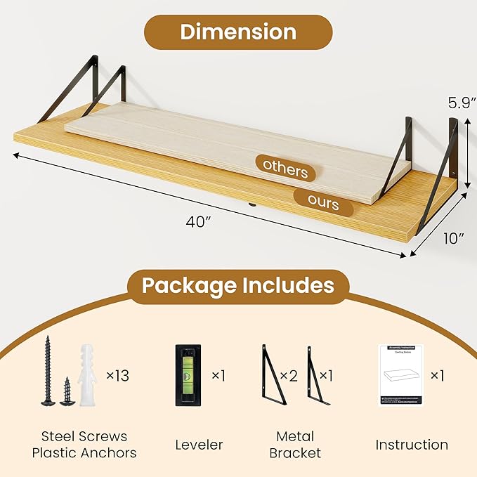 Floating Shelves for Wall,40" Wall Mounted Shelves Set of 2,Long Wood Floating Shelves,Hanging Wide Display & Storage Shelf w