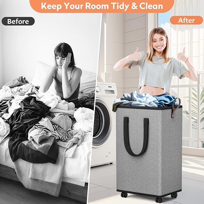SpaceTrove Laundry Basket with Wheels, Collapsible Laundry Baskets, Laundry Hamper with Handles Detachable Wheels, Rolling La