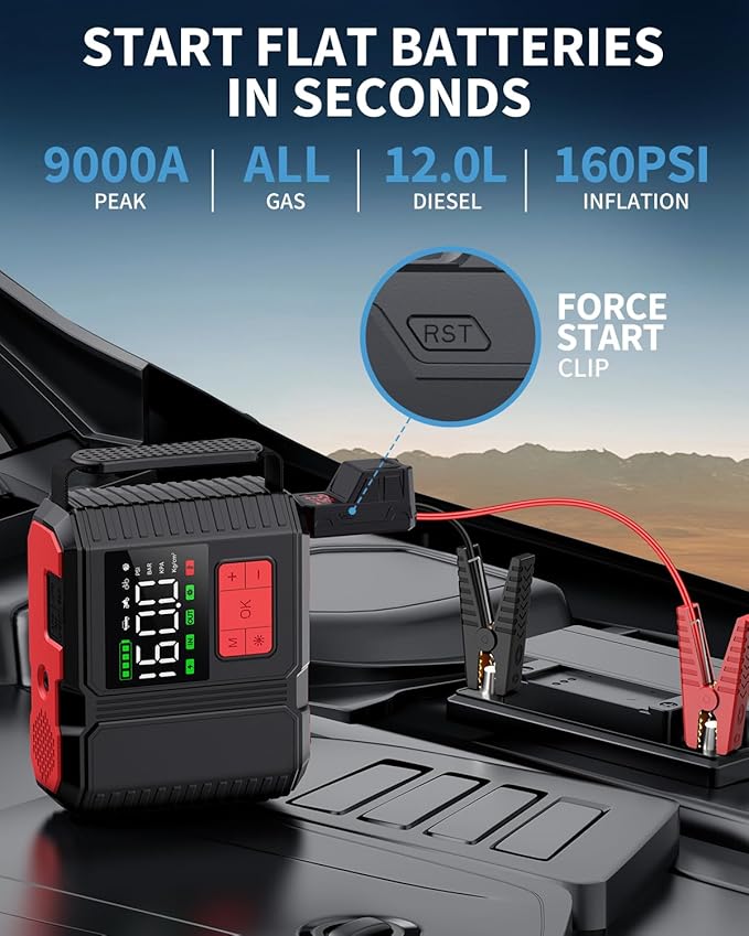 Car Jump Starter with Air Compressor, 9000A Peak 26800mah (Up to All Gas or 12.0L Diesel Engine, 50 Times) Portable160PSI
