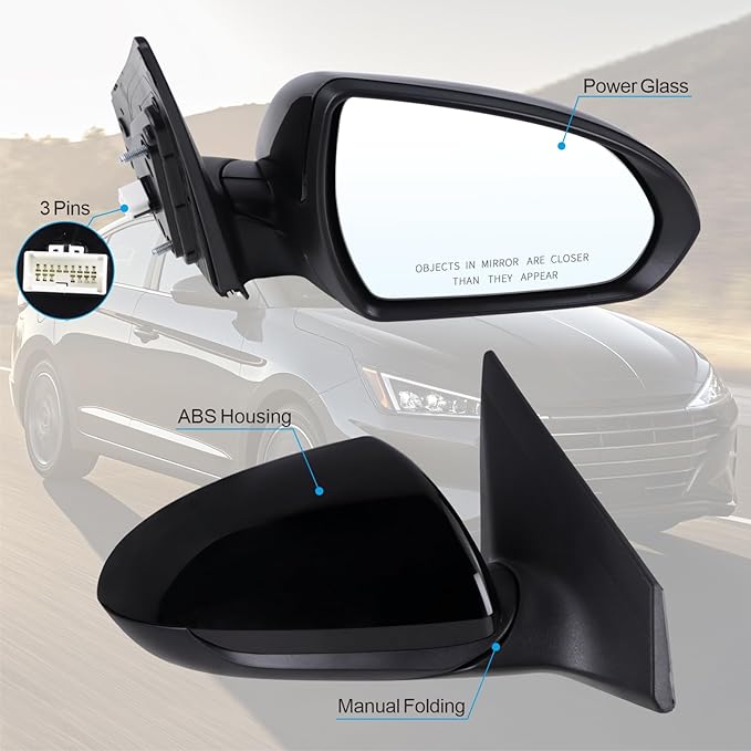 Right Passenger Side Mirror Compatible With 2017 2018 2019 2020 Hyundai Elantra With Manual Folding Power Glass Black Replace#87620F3050(3Pins)