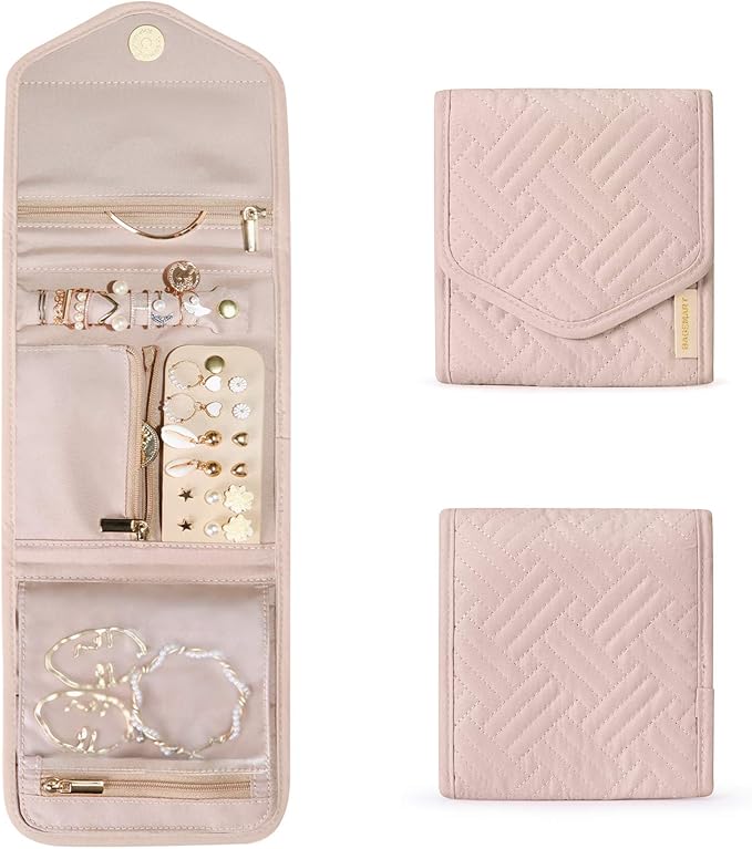 BAGSMART Travel Jewelry Organizer Case Foldable Small Jewelry Roll for Journey Rings, Necklaces, Earrings, Bracelets,Mini,Sof