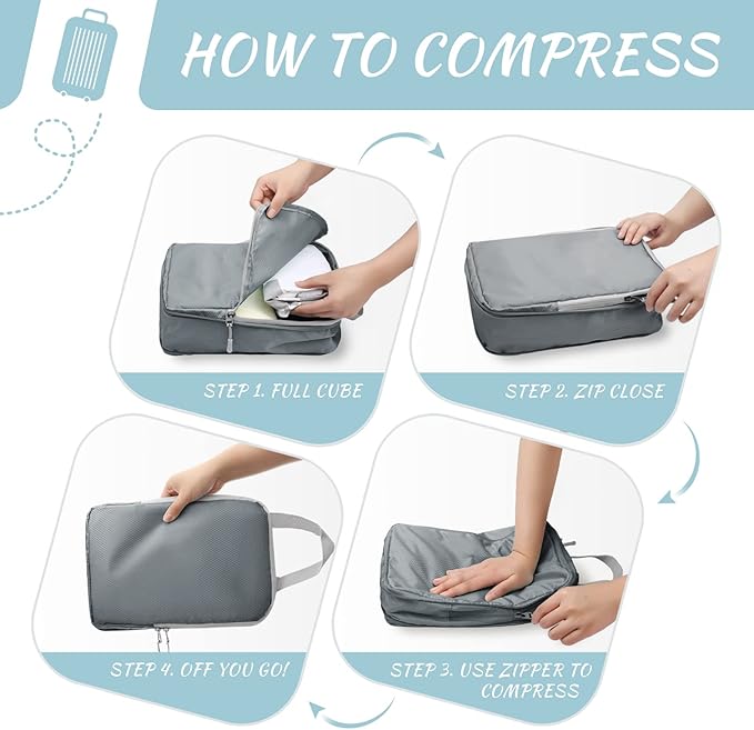 WOOMADA Compression Packing Cubes for Suitcases Travel Essentials 4 Set Expandable Travel Bags Organizer for Luggage(dark gre