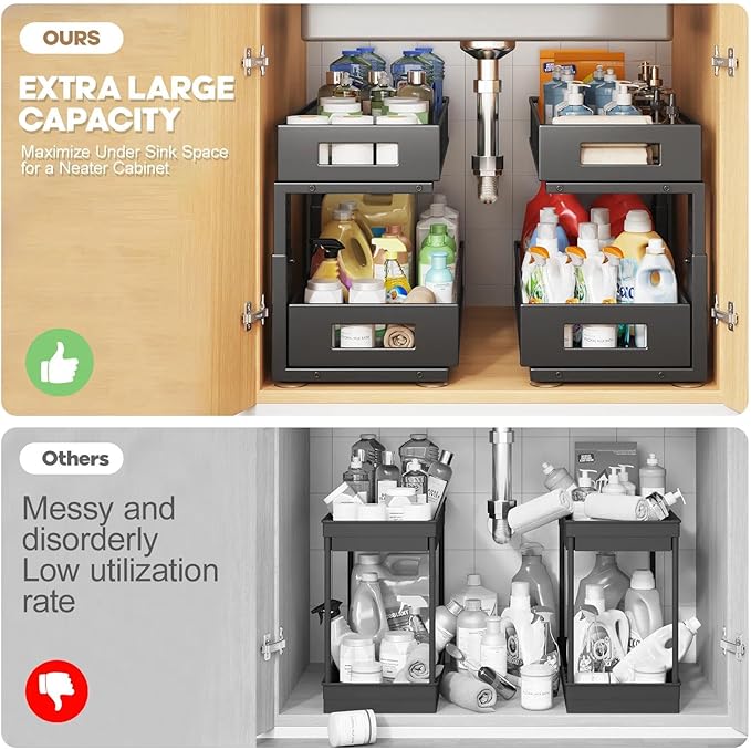 2 Packs 19IN Depth Under Sink Organizer, 2-Tier Pull Out Cabinet Organizer With Smooth Circular Rail, Large Capacity Metal Me