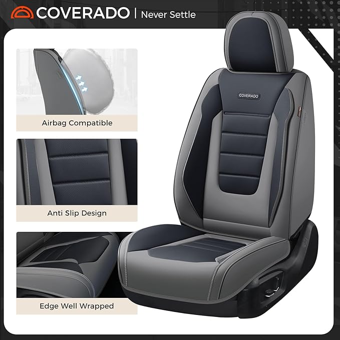 Coverado Car Seat Covers Full Set, Nappa Leather Seat Covers for Cars, Car Seat Protector Car Seat Cushion, Front and Back Se