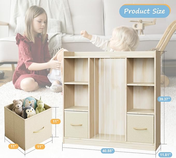 EXPERLAM Toy Storage Organizer with Stuffed Animal Storage, Wooden Toy Organizer & Stuffed Animal Zoo, 6 Cubes Shelf with Rem