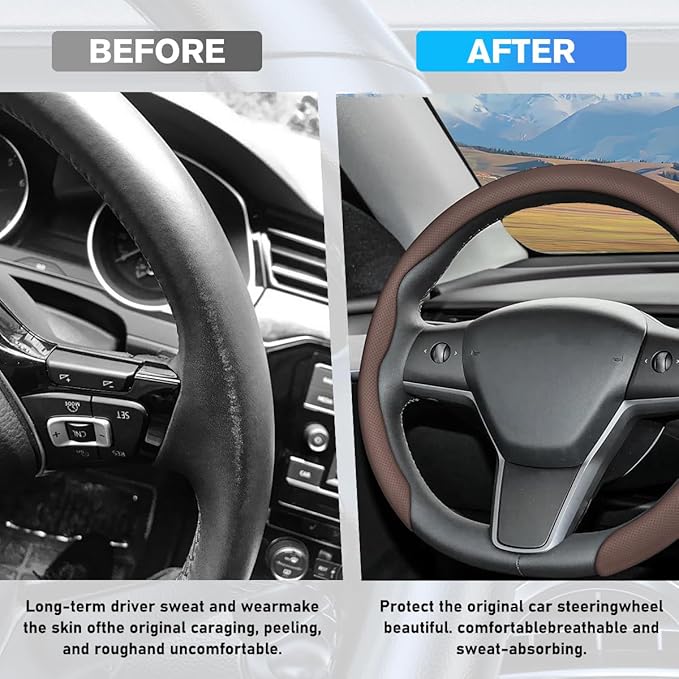 Car Nappa Leather Steering Wheel Cover, 15" Fashionable 5D Anti-Slip Vehicle Steering Wheel Protector, Breathable Auto Interi
