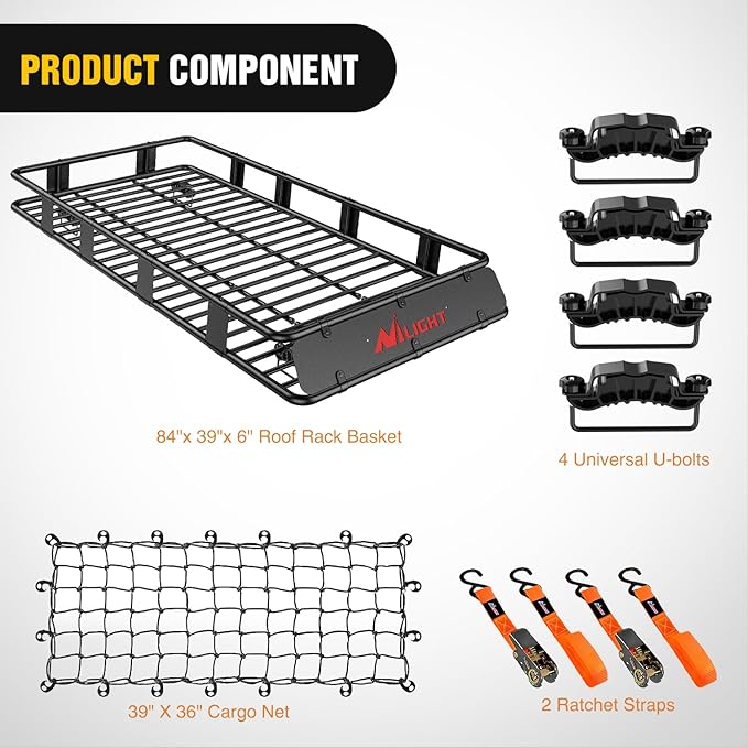 Nilight 84" x 39" x 6" Universal Roof Rack Cargo Basket Heavy-Duty 250LBS Capacity Rooftop Cargo Carrier with Cargo Net Ratchet Straps Luggage Holder for SUV Truck Vehicle