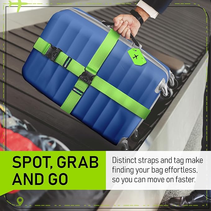 Untethered Ultimate Travel Set: 4 Premium Luggage Straps and 4 Silicone Tags - Secure & Identify Your Bags with Ease (Green +