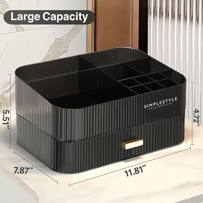 Makeup Organizer for Vanity, Large Desk Organizer with Stackable Drawer for Cosmetics, Skincare, Lipsticks, Palette, Nail Car