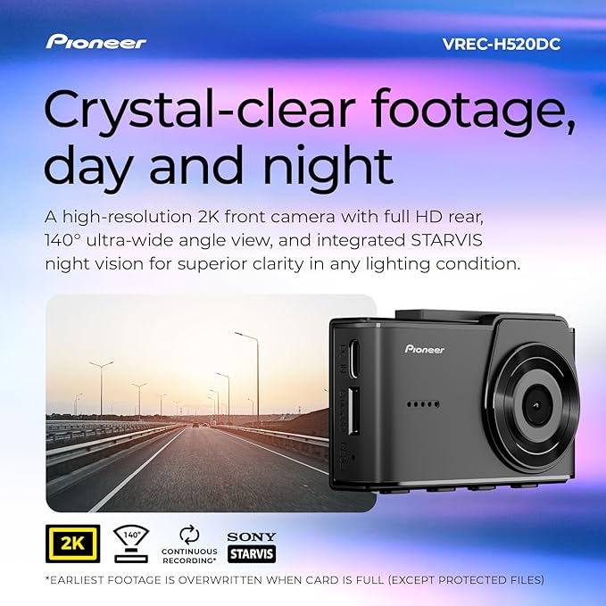 Pioneer VREC-H520DC Dual Dash Cam Front and Rear Car Camera - Large Screen, 2K Resolution, Starvis Night Vision, 140 Degree W