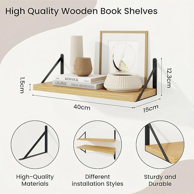 Book Shelf for Wall, Oak Shelf, Floating Shelves with Brackets, 16 inch Wall Shelves Set of 3, Particle Board Shelving for Ki