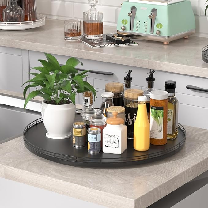 21" Oak Wooden Lazy Susan Turntable for Dining Table, Extra Large Round Lazy Susans Organizer for Kitchen Countertop Charcute
