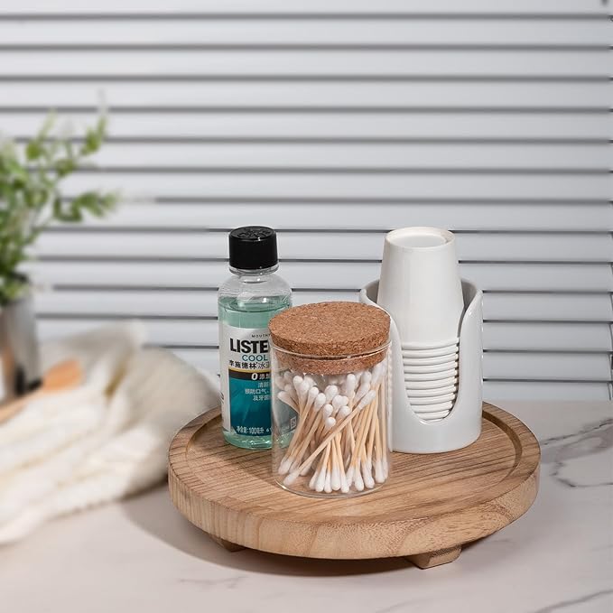 Round Decorative Tray Wood Bathroom Counter Organizer Farmhouse Kitchen Decor Wooden Riser for Soap Dish, Perfume, Candle, Sp