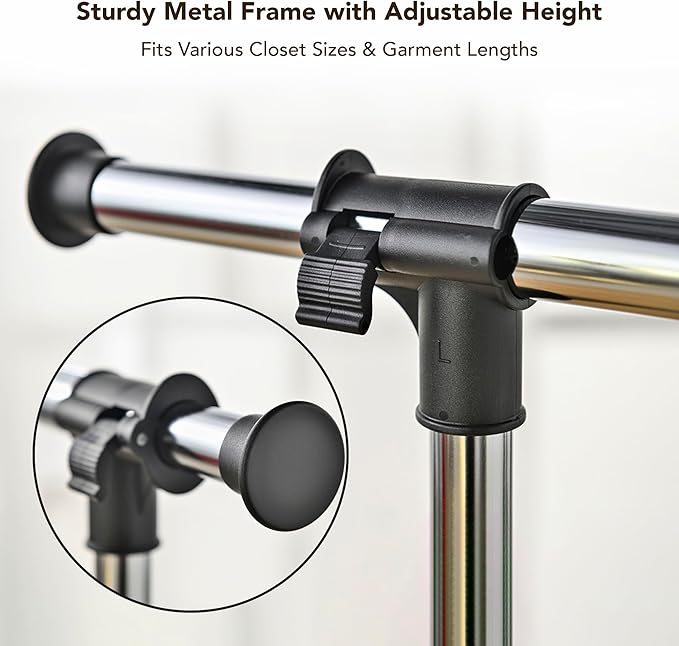 Displays By Jack Double Rail Clothes Rack, Adjustable Rolling Garment Rack on Wheels – Extendable Hanging Rods & Bottom Shelf