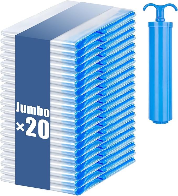 20 Jumbo Vacuum Storage Bags, Vacuum Seal Bags for Clothing Space Saver Compression Storage Bag with Hand Pump Extra Large fo