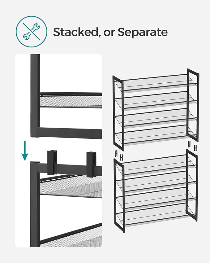 SONGMICS Shoe Rack, 8-Tier Shoe Organizer, Metal Rack for Garage, Set of 2, 4-Tier Stackable Shelf, with Adjustable Flat or A