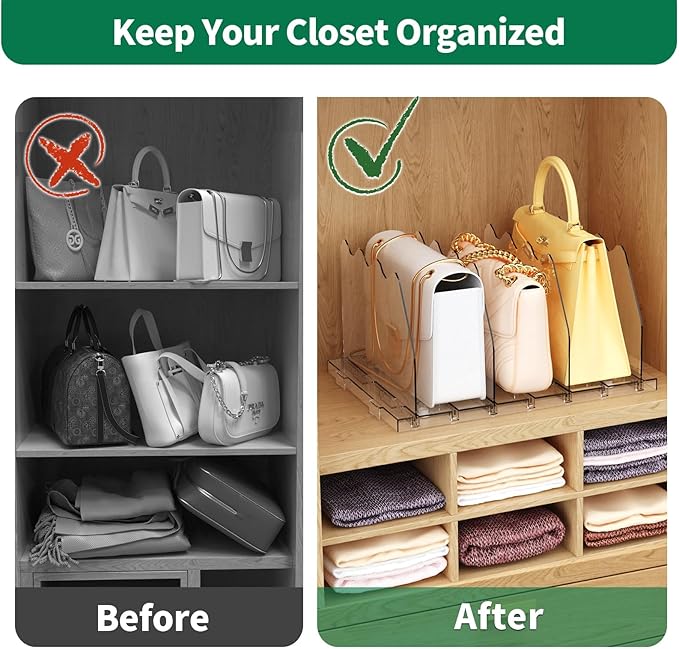 SPACEKEEPER Adjustable Shelf Divider for Closet, Clear Purse Organizers for Closet Acrylic Handbag Separators Storage Organiz
