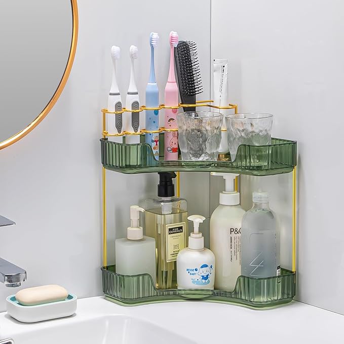 shuang qing Upgraded 2-Tier Corner Bathroom Countertop Organizer – Spacious Storage for Makeup, Skincare & Perfumes, Built-in