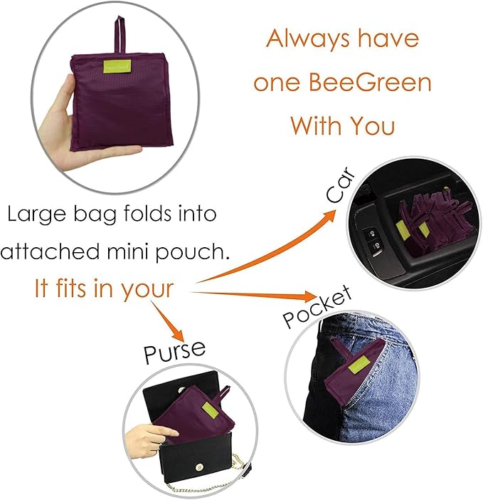 BeeGreen Purple Reusable Grocery Bags Wholesale Purple Reusable Kitchen Bags Bulk Foldable-Machine Washable with Zipper Storage Pouch 10 Packs