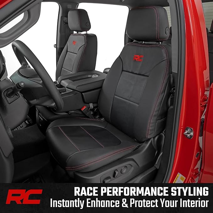Rough Country Leather Seat Covers for Chevy Silverado 1500 & GMC Sierra 1500 Crew Cab (2019–2026) – Front Buckets & 60/40 Rea